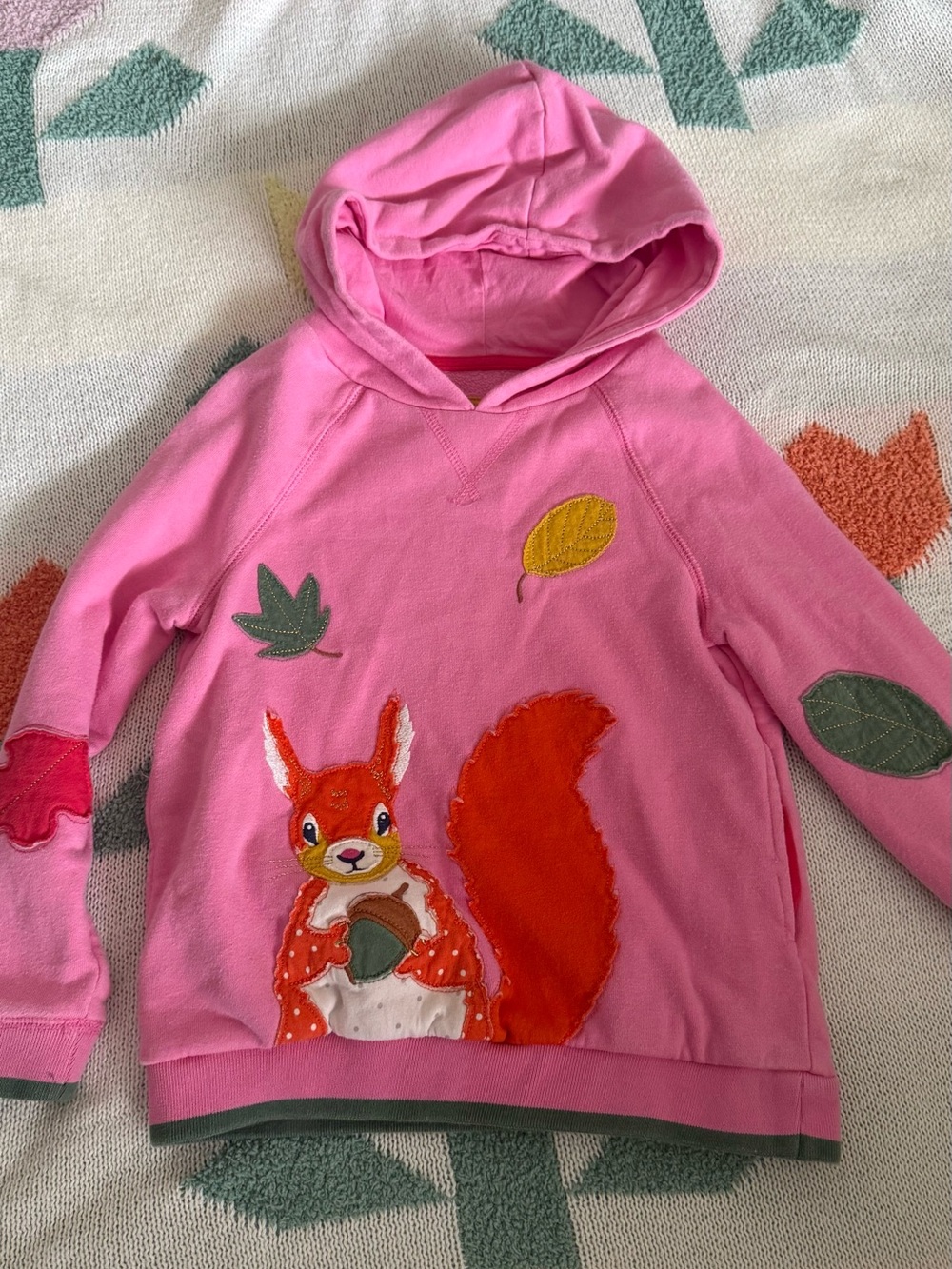 Mini Boden Pink Hoodie with Orange Squirrel Appliqué